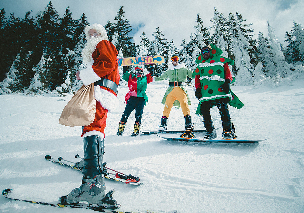 Healthy Holidays Employee Engagement: goofy Christmas characters on skis
